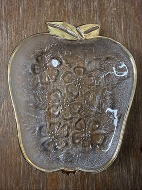 VTG Hazel Atlas MCM Apple Shaped Trinket Candy Dish Embossed Gold Trim 50s